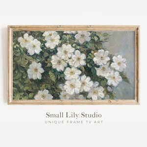 Arte para TV FRAME Flores Blancas, Arte para TV Samsung Frame primaveral estilo granja, Arte floral neutro para TV, Protector de pantalla de decoración de cabaña verde y blanca / TV601