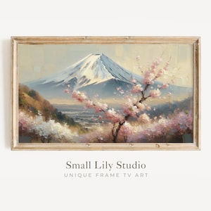 FRAME TV art Spring in Japan, Mt Fuji Samsung Frame tv art, Snow and cherry blossoms winter to spring transition tv artwork pink | TV272