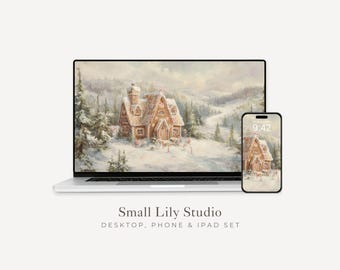 May include: A digital desktop and phone wallpaper set featuring a winter landscape with a gingerbread house. The artwork is displayed on a laptop and a smartphone, with the time 9:42 visible on the phone screen. The text "Small Lily Studio" is at the bottom.