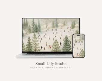 Ice Skaters Desktop Wallpaper Set, Winter Skating Phone Wallpaper, Winter iPhone Wallpaper, Whimsical iPad Background Vintage Style | WS308