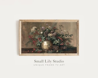 FRAME TV Art Pine Cones and Berries, Samsung Frame TV Art Christmas Botanicals, Moody Vintage Style Painting | TV1465