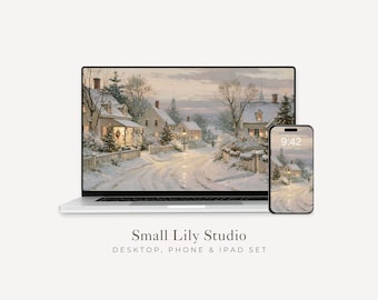Winter Street Desktop Wallpaper Set, Christmas Phone Wallpaper, Festive iPhone Wallpaper, Aesthetic iPad Background Vintage Style | WS289