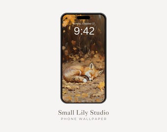 Sleeping Fox Phone Wallpaper, Fall iPhone Wallpaper, Cute Animal Samsung Galaxy Phone Background, Autumn Vintage Style Painting | WP075
