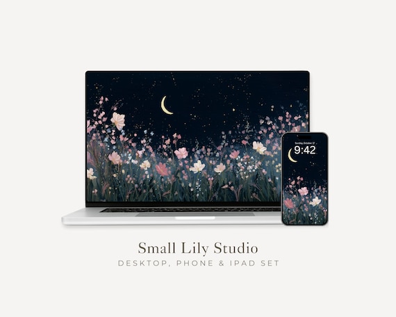 Dark Flowers Desktop Wallpaper Set, Night Garden Phone Wallpaper, Floral iPhone Wallpaper, Black iPad Background Moon Stars | WS014