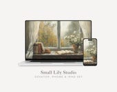 Rainy Window Desktop Wallpaper Set, Fall Leaves Phone Wallpaper, Cozy Books iPhone Wallpaper, Vintage Style Painting iPad Background | WS029