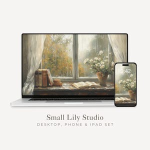 Rainy Window Desktop Wallpaper Set, Fall Leaves Phone Wallpaper, Cozy Books iPhone Wallpaper, Vintage Style Painting iPad Background | WS029