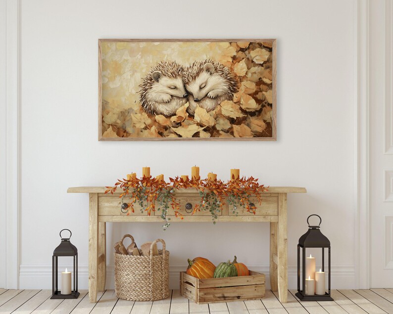 FRAME TV Art Hedgehog Couple Sleeping in Fall Leaves, Samsung Frame Tv