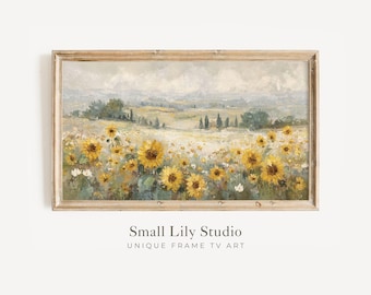 May include: A framed landscape painting featuring a field of sunflowers in full bloom. The artwork has a vintage aesthetic with a soft color palette of yellow, green, and beige. The frame is a light wood color.