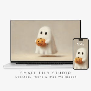 Ghost Holding Pumpkin Desktop Wallpaper, Halloween Phone Wallpaper, Spooky iPhone Wallpaper, Cute Aesthetic iPad Background | WS047