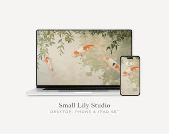 Koi Fish Desktop Wallpaper Set, Pond Phone Wallpaper, Carp iPhone Wallpaper, Relaxing iPad Background, Vintage Japanese Style | WS019