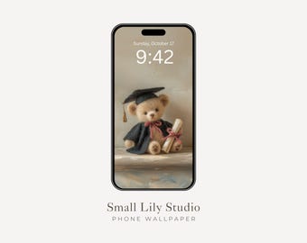 Graduation Teddy Bear Phone Wallpaper, Cute Academic iPhone Wallpaper, Aesthetic Samsung Galaxy Phone Background, Felt Style Art | WP216