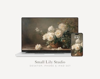 Brown Floral Desktop Wallpaper Set, Moody Flowers Phone Wallpaper, Dark Floral iPhone Wallpaper, Vintage Style iPad Background | WS017