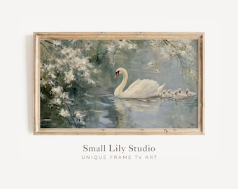 FRAME TV Art Mother Swan and Cygnets, Spring Samsung Frame TV Art, Vintage Style Landscape Artwork | TV1248