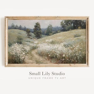 FRAME TV art Path Through White Wildflowers, Samsung Frame TV art Spring floral landscape, Rustic sage green vintage style painting | TV743