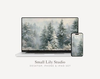 Snowy Winter Forest Desktop Wallpaper Set, Christmas Phone Wallpaper, Pine Trees  iPhone Wallpaper, Aesthetic iPad Background | WS298