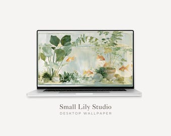 Gold Fish Desktop Wallpaper, Cute Fish Tank Macbook Wallpaper, Relaxing Laptop Background, Vintage Style Painting | WD231