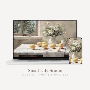 Fondo de pantalla de limones y margaritas, fondo de pantalla de verano para teléfono, fondo de pantalla amarillo y blanco para iPhone, fondo de pantalla vintage para iPad / WS023