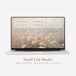 Puede incluir: Una pantalla de portátil que muestra un organizador de fondo de escritorio digital con un fondo de prado de flores suaves. La interfaz incluye tres secciones translúcidas etiquetadas como Apps, Folders y January con un calendario. Texto: Small Lily Studio.