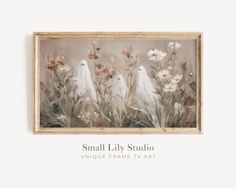 Halloween FRAME TV art Ghosts in Wildflowers, Fall Floral Samsung Frame TV art, Vintage Style Painting Autumnal, Cute Spooky Picture | TV850