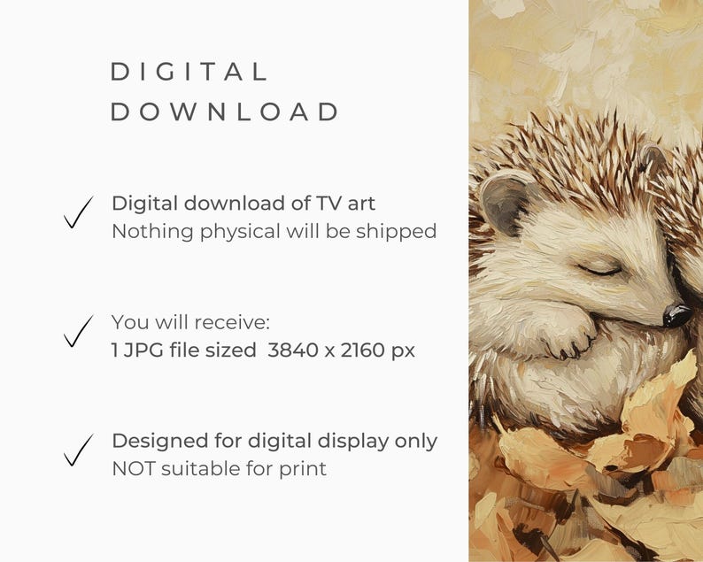 FRAME TV Art Hedgehog Couple Sleeping in Fall Leaves, Samsung Frame Tv