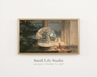 FRAME TV Art Snow Globe at Night, Moody Christmas Samsung Frame TV Art, Cozy Winter Vintage Style Painting | TV1469