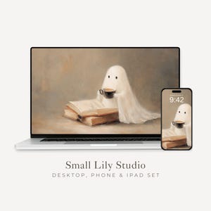 ゴースト読書デスクトップ壁紙セット、ゴーストコーヒー携帯壁紙、ハロウィンiPhone壁紙、ヴィンテージスタイルのiPad背景 | WS074