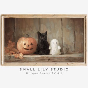 Halloween FRAME TV art Ghost Black Cat and Pumpkin, Fall Halloween Samsung Frame tv art cute spooky vintage style painting | TV828