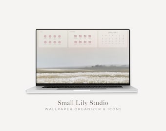 2026-2027 Desktop Wallpaper Organizer, Minimalist Laptop Background and Folder Icons Set, Digital Monthly Calendar Windows Mac | WO001