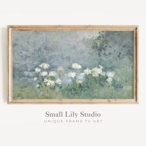 FRAME TV art Abstract Flowers by Pond, Samsung Frame tv art vintage style textured painting, Impressionist tv art blue green white | TV809