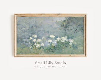 FRAME TV art Abstract Flowers by Pond, Samsung Frame tv art vintage style textured painting, Impressionist tv art blue green white | TV809
