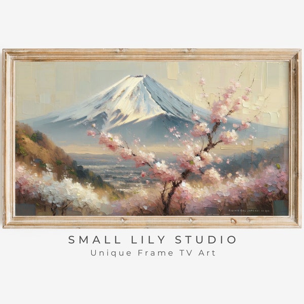 FRAME TV art Spring in Japan, Mt Fuji Samsung Frame tv art, Snow and cherry blossoms winter to spring transition tv artwork pink | TV272