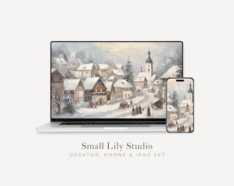 Winter Village Wallpaper Set, Christmas Phone Wallpaper, Holiday iPhone Wallpaper, iPad Background Vintage Style | WS150
