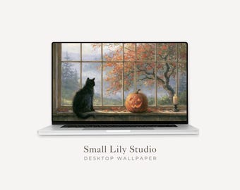 Black Cat Desktop Wallpaper, Halloween Macbook Wallpaper, Fall Window Laptop Background, Vintage Style Autumn Painting | WD263