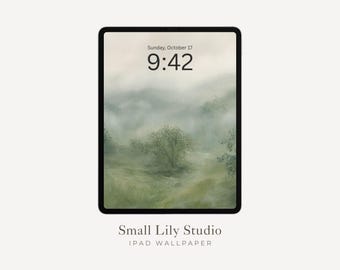iPad-behang Rainy Day, ontspannend iPad-behang, vintage stijl schilderij tabletachtergrond, groen landschapsbehang | WT020