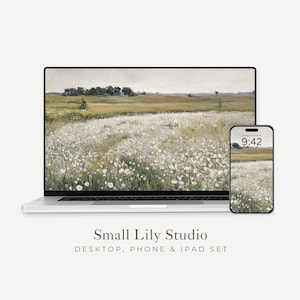 May include: A laptop and smartphone display a serene landscape painting of a field of white flowers under a cloudy sky. The smartphone shows the time 9:42. The text "Small Lily Studio" and "Desktop, Phone & iPad Set" are below the devices.
