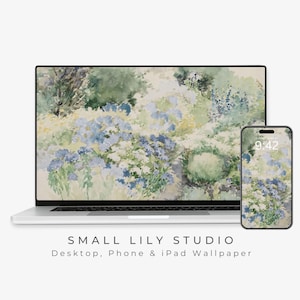 Blau Grün Blumen Desktop Hintergrund, Aquarell Tapete Garten, iPad Hintergrund Vintage Stil | WS002