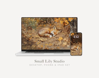 May include: A digital art set featuring a sleeping fox on a laptop and smartphone. The fox is depicted in shades of orange and brown, nestled among autumn leaves. The phone displays the time as 9:42. The text "Small Lily Studio" is visible.
