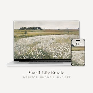 White Floral Desktop Wallpaper Set, Wildflower Phone Wallpaper Sage Green, iPhone Wallpaper, iPad Background Vintage Style Landscape | WS016