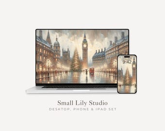 May include: A digital desktop, phone, and iPad set featuring a watercolor painting of a European city scene with a clock tower, Christmas tree, and red bus. The phone displays the time 9:42. The text "Small Lily Studio" is visible.