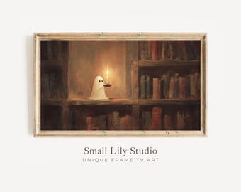 FRAME TV Art Cute Ghost on Bookshelf, Halloween Samsung Frame TV art Ghost in Library, Spooky Halloween picture for book lover | TV902
