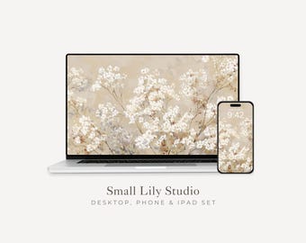 White Floral Desktop Wallpaper Set, Fall Phone Wallpaper, Autumn iPhone Wallpaper, Neutral iPad Background Vintage Style | WS128