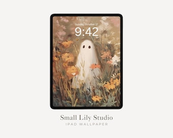 Lindos fantasmas entre flores silvestres Fondo de pantalla para iPad, Fondo de otoño para Halloween para iPad, Fondo de pantalla floral espeluznante para tableta, Pintura de estilo vintage / WT050