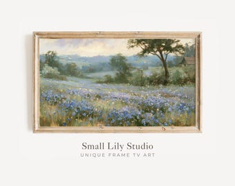 FRAME TV Art Blue Wildflowers, Samsung Frame TV Art Floral Landscape, Vintage Style Countryside Flowers Painting | TV1370