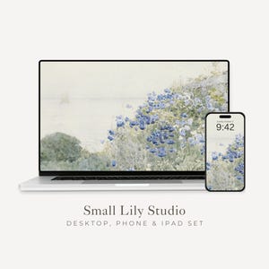 Blauwe kustbloemen desktop wallpaper set, aquarel telefoonbehang, wilde bloemen iPhone Wallpaper, iPad achtergrond vintage | WS012
