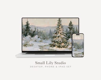 Christmas Tree Desktop Wallpaper Set, Winter Landscape Phone Wallpaper, Seasonal iPhone Wallpaper, Aesthetic iPad Background | WS296
