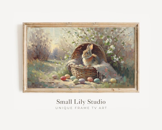 Easter FRAME TV art Rabbit in Basket with Easter Eggs, Cute Floral Easter bunny tv art, Spring Samsung Frame tv art vintage style | TV264
