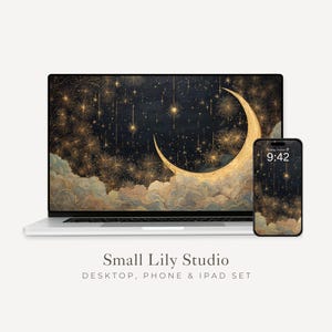 ゴールドの月と星のデスクトップ壁紙セット、新年の携帯電話の壁紙、アールデコ調のギャツビーのiPhone壁紙、美しいiPadの背景 | WS154