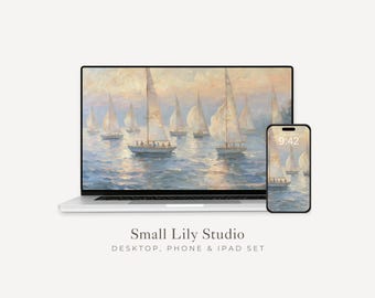 Sail Boats Desktop Wallpaper Set, Sailing Phone Wallpaper, Nautical iPhone Wallpaper, Aesthetic iPad Background Vintage Style | WS230