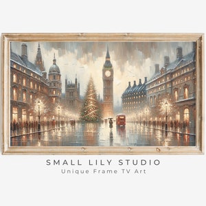 FRAME TV art London Christmas in rain, Moody Frame tv art Christmas streetscape, Neutral Christmas cityscape Samsung Frame tv art | TV174