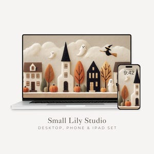 May include: A laptop and smartphone display a whimsical Halloween scene. The illustration features a village with houses, trees, pumpkins, ghosts, and a witch on a broom. The text "Small Lily Studio" is displayed below the devices.